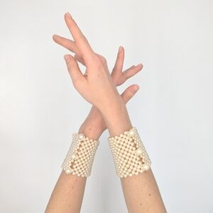 Vintage Faux Pearl Beaded Cuff Bracelet Pair